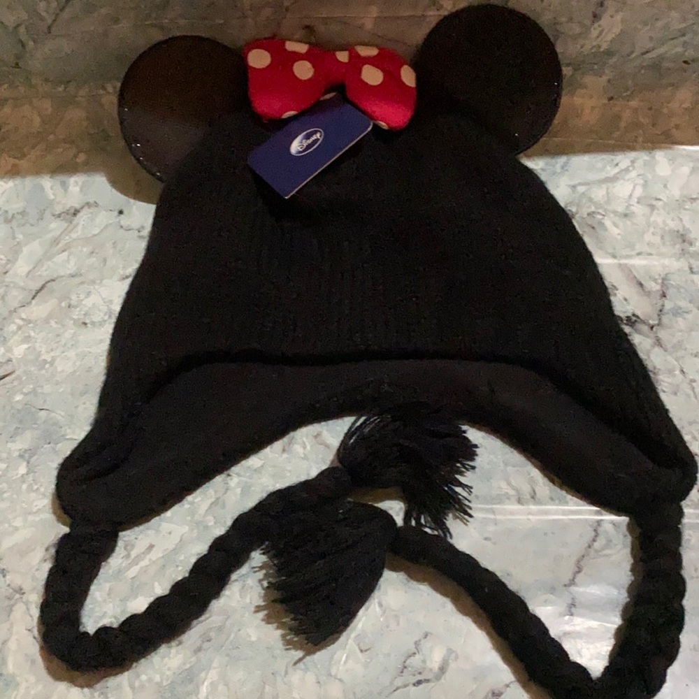Disney Minnie Mouse Knit Ear Flap HatW/Braided Tassles Bow Glitter Ears Women’s